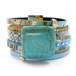 blue leather  stone charm magnet buckle bracelets