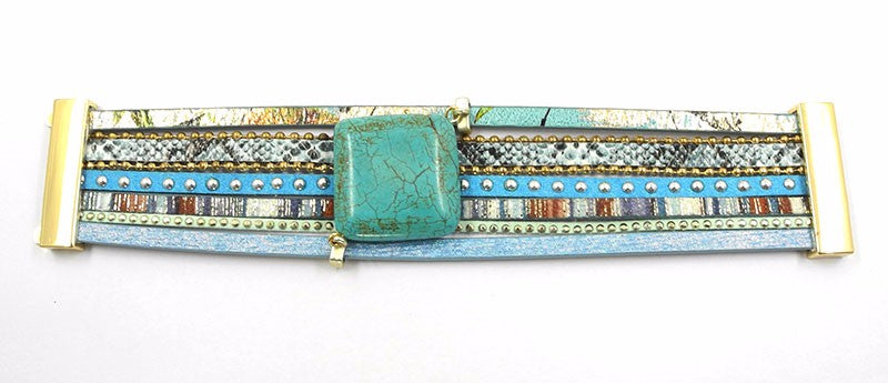 blue leather  stone charm magnet buckle bracelets