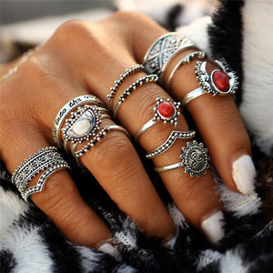 14PCs/Set Vintage Tibet Lucky Red Antique Midi Ring Set