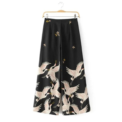 Brand Vintage Elegant Position Crane Print Loose Wide leg pants