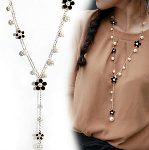 Flower Long Simulated Pearl Necklace