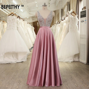 V-Neck Beads Bodice Open Back A Line Long Dress