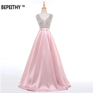 V-Neck Beads Bodice Open Back A Line Long Dress