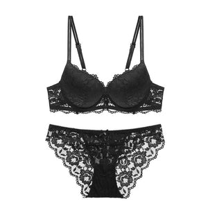 solid flower lace bra set