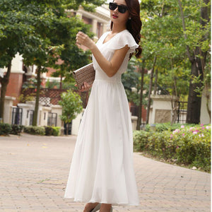 Chiffon Solid V-Neck Causal Loose Style Maxi