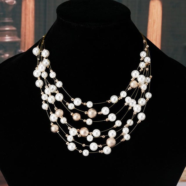 Gold Color Multilayer Chain Imitation Pearls Necklaces