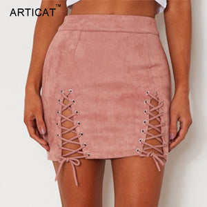 Lace Up Leather Cross Zipper Split Mini Skirt