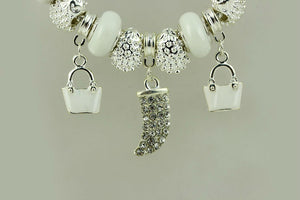 BAMOER Silver Color Crystal Charm Bracelets & Bangles With White Murano Glass Beads Handmade Jewelry PA1336