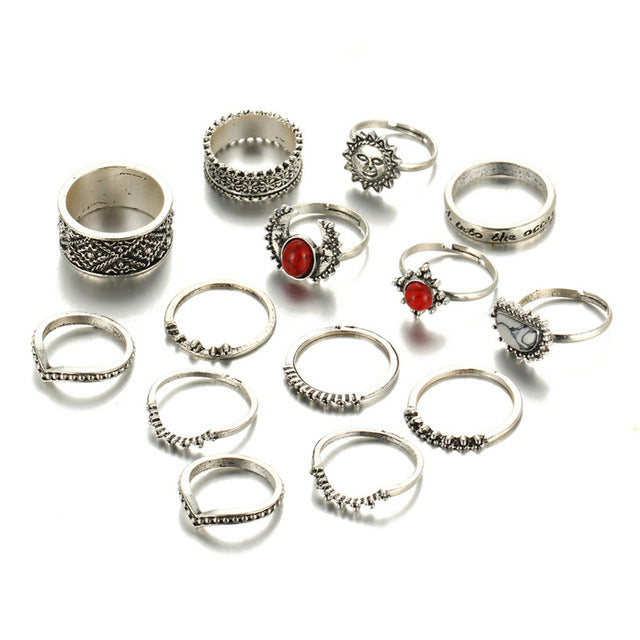 14PCs/Set Vintage Tibet Lucky Red Antique Midi Ring Set