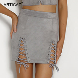 Lace Up Leather Cross Zipper Split Mini Skirt