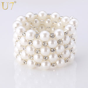 U7 White/Black Bead Bracelet For Women Multi-layer Synthetic Pearl Rhinestone Fashion Wedding Jewelry Big Bracelets Bangles H466