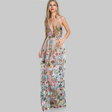 Multicolor Spaghetti Strap Deep V Neck  A Line Maxi Dress