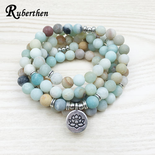 Ruberthen Fashion Women`s Matte Amazonite 108 Mala Beads Bracelet or Necklace High Quality Lotus Charm New Design Yogi Bracelet