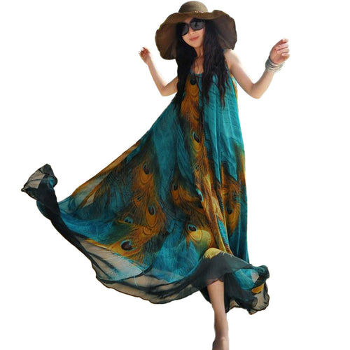 Peacock Feather Print Casual Loose Swing Tunic Long Beach Dress