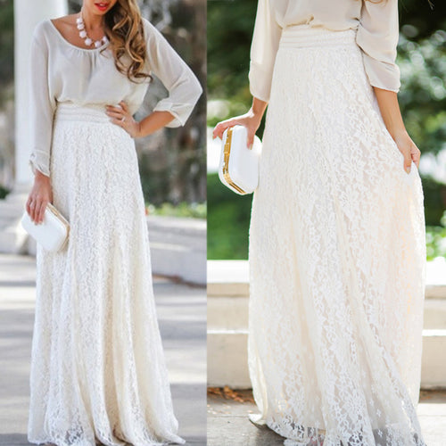 White Lace Waist Hollow Out Maxi Skirt