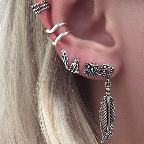 Feather Buddha Owl Leaves Ancient Tibetan Silver Earrings Set