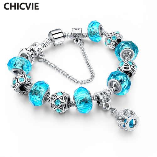 CHICVIE Blue Crystal Charm Bracelets & Bangles for Women With Beads Bracelet Femme Love Silver color Handmade Jewelry SBR160016