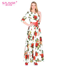 Rose printing long vestidos Russian style casual autumn dress