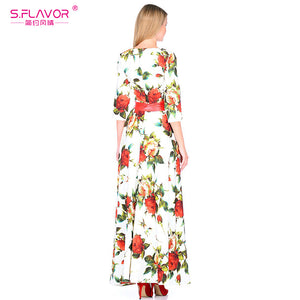 Rose printing long vestidos Russian style casual autumn dress