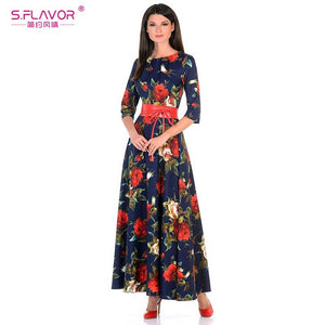 Rose printing long vestidos Russian style casual autumn dress