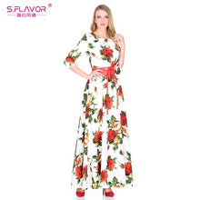 Rose printing long vestidos Russian style casual autumn dress