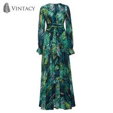 Tropical Print Vintage V Neck Belt Lace Up Tunic Draped Dress