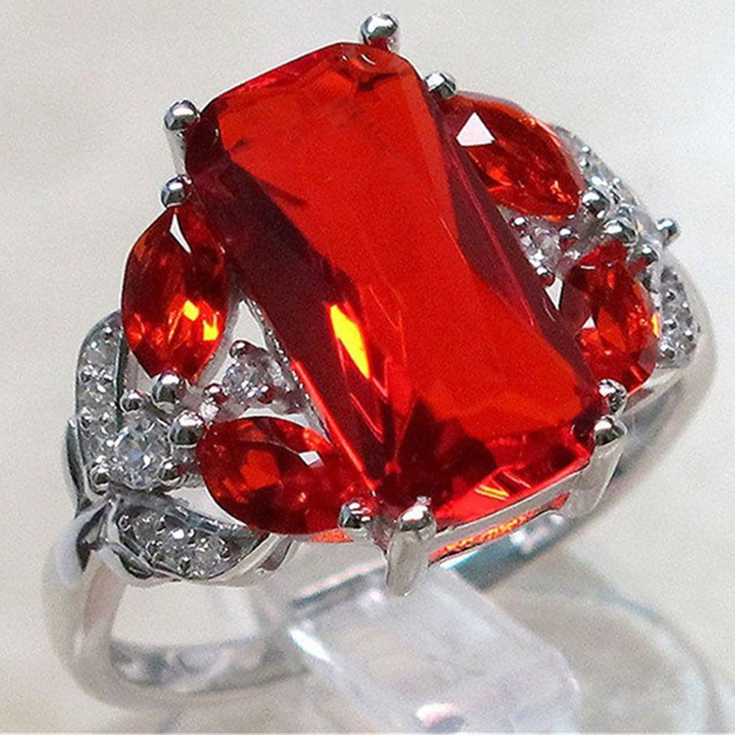 Silver Color Ring With Large Red Crystal Stone