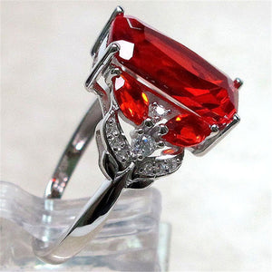 Silver Color Ring With Large Red Crystal Stone