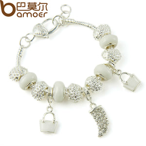 BAMOER Silver Color Crystal Charm Bracelets & Bangles With White Murano Glass Beads Handmade Jewelry PA1336