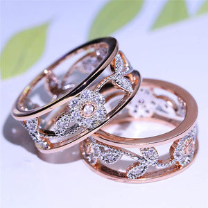 Crystal Rose Gold Flower Leaf Hollow Design Rhinestone Ring