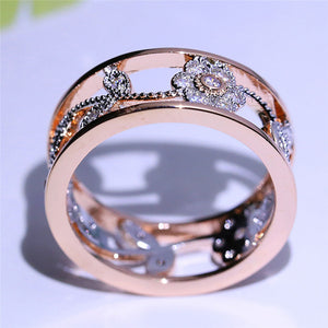 Crystal Rose Gold Flower Leaf Hollow Design Rhinestone Ring