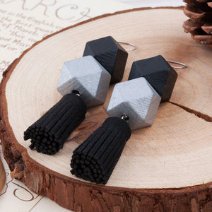 Square Wooden Beads Black Suede Velvet Tassel Earrings