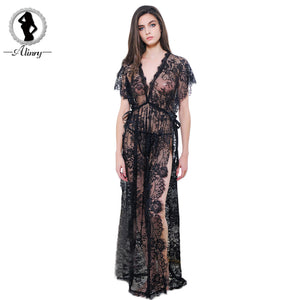 Black lace robe+T-thongs lingerie