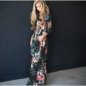 Flower Printed O Neck Pleated Floor Length