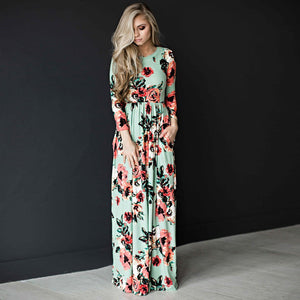 Flower Printed O Neck Pleated Floor Length