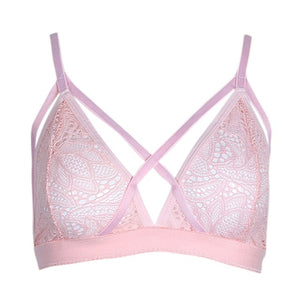 Crossing Bandage Crop Tops Floral Sheer Lace Bra Set