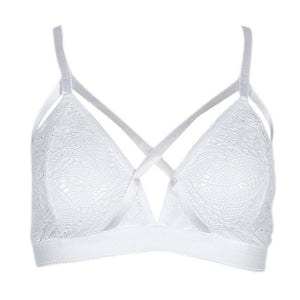 Crossing Bandage Crop Tops Floral Sheer Lace Bra Set