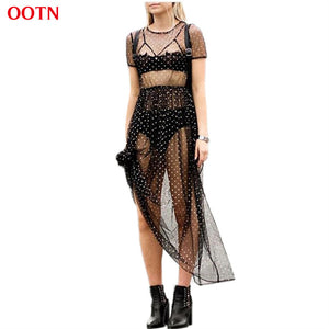 Sheer Mesh Short Sleeve Sequin Polka Dot Dress