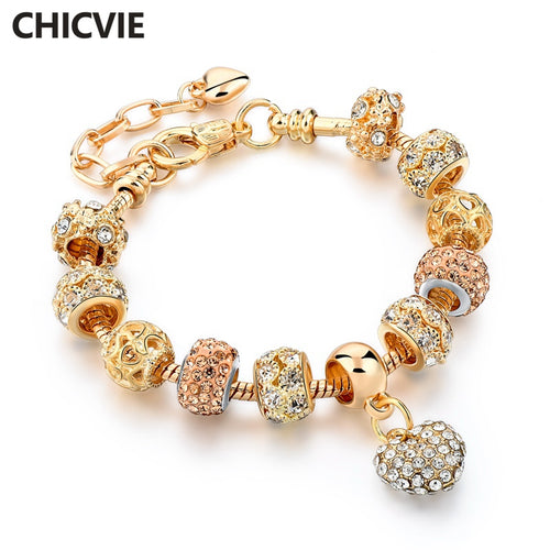 CHICVIE Gold Color Crystal Heart Charm Personalized Bracelet