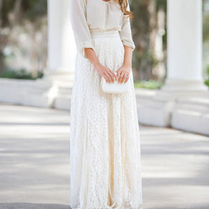 White Lace Waist Hollow Out Maxi Skirt