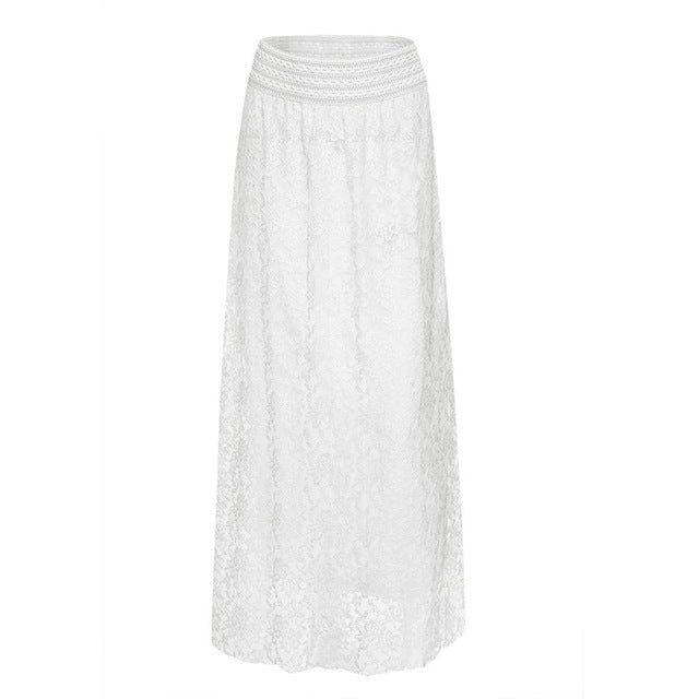 White Lace Waist Hollow Out Maxi Skirt