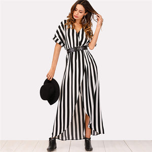 Self Tie Waist Striped Asymmetrical Split Front Maxi