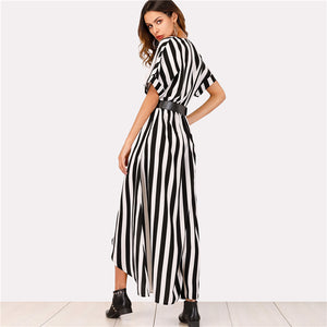 Self Tie Waist Striped Asymmetrical Split Front Maxi