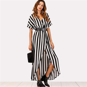 Self Tie Waist Striped Asymmetrical Split Front Maxi