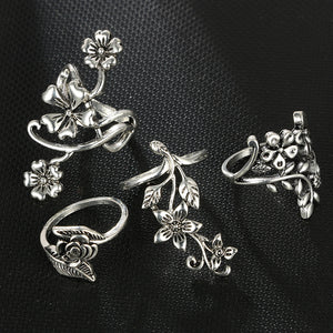 Rose Flower  Antique Silver Color Midi Rings Set