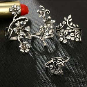 Rose Flower  Antique Silver Color Midi Rings Set