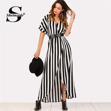 Self Tie Waist Striped Asymmetrical Split Front Maxi