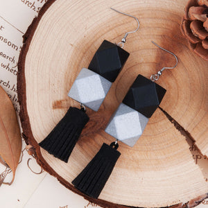 Square Wooden Beads Black Suede Velvet Tassel Earrings