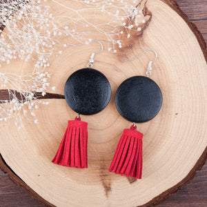 Square Wooden Beads Black Suede Velvet Tassel Earrings