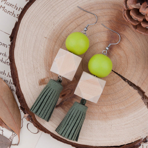 Square Wooden Beads Black Suede Velvet Tassel Earrings